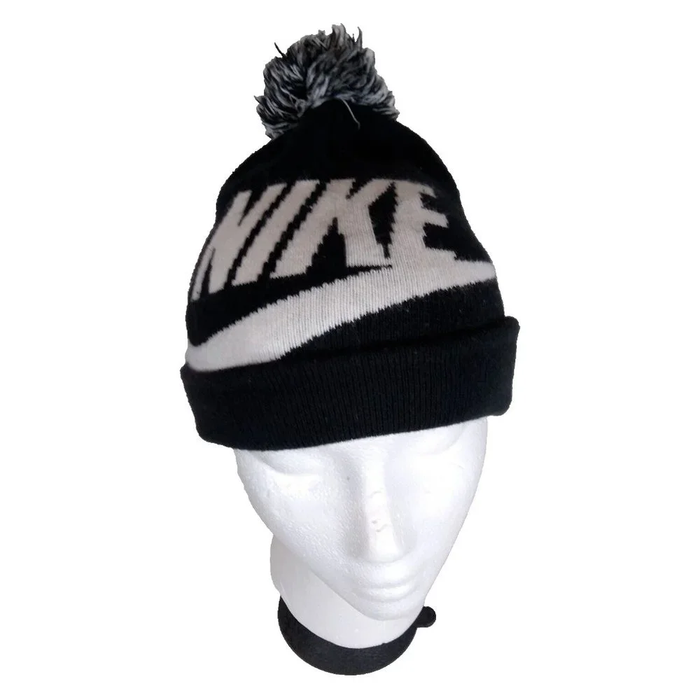 Nike Youth Knit Pom Beanie – Black & White Hat w/ Bold Logo – Sports Cap
